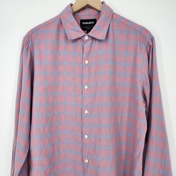 Bonobos Mens Button Down Shirt Size M Pink Blue Plaid Linen Blend Standard Fit - Picture 4 of 8